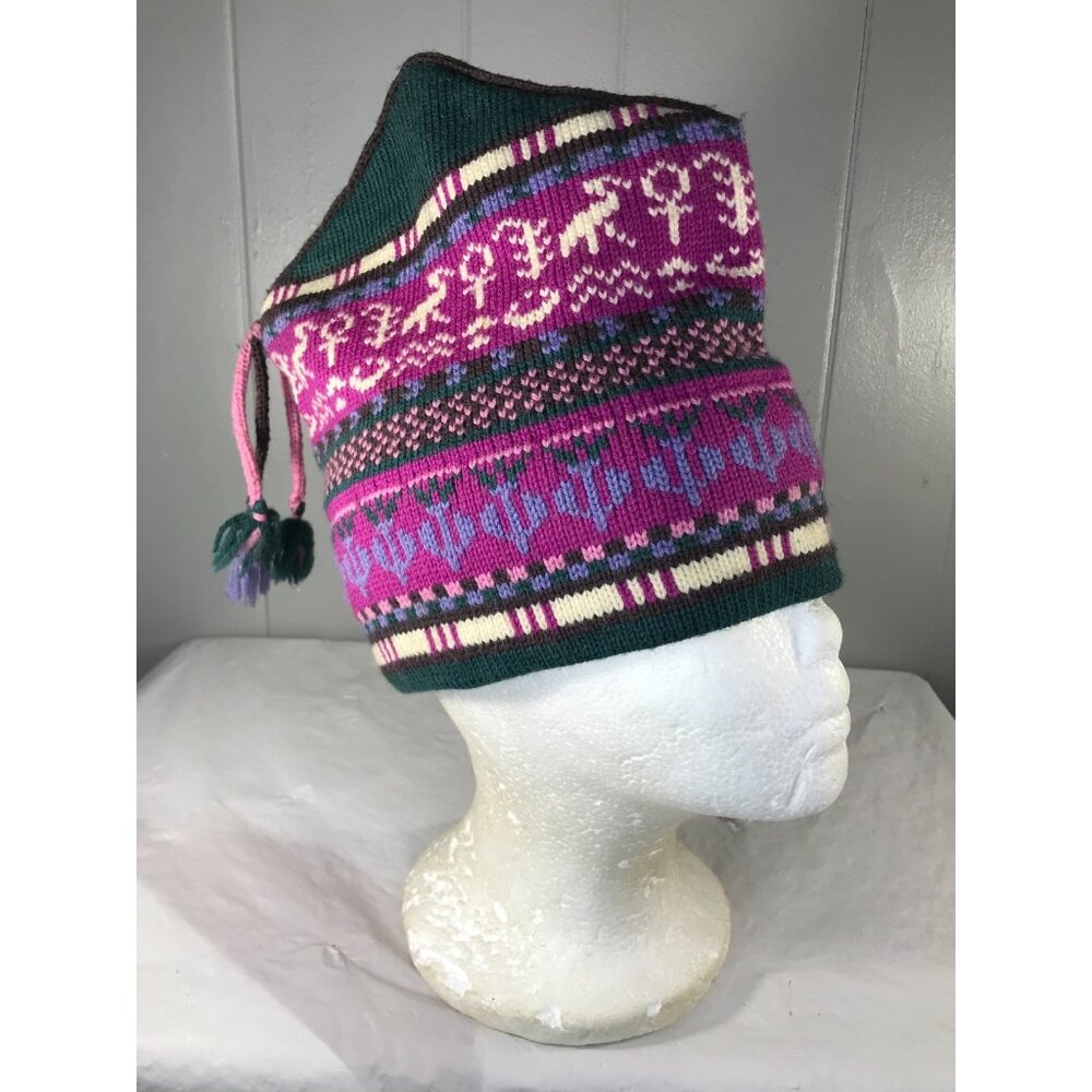 Vintage Mountain Ladies & Ewe Wool Ski Hat Beanie Tassle Ski Winter Pink